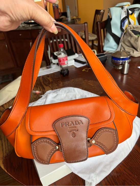 Prada Handbags - Prada Orange Leather Shoulder Bag with Brown Trim